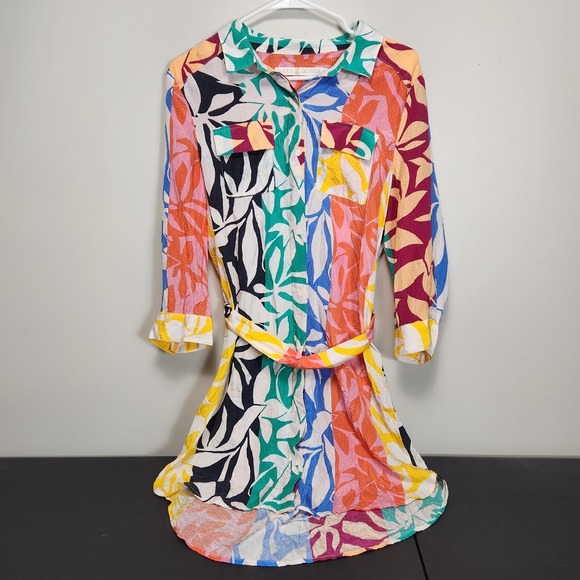 Marie Oliver Dresses & Skirts - Marie Oliver Silk Mini Shirt Dress M Collar Tie Waist 3/4 Sleeve Tropical Resort
